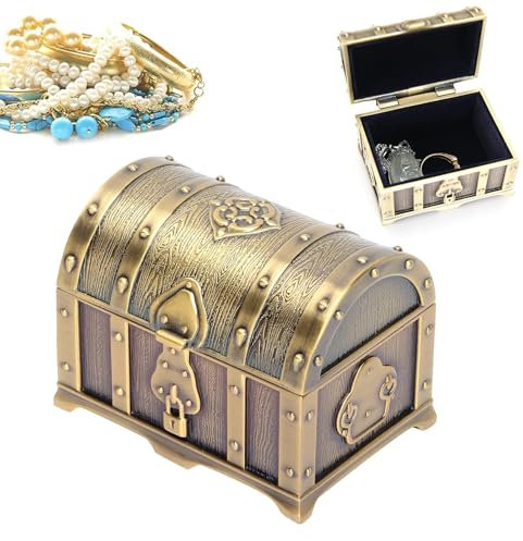Vintage Metall Schmuck Box, rechteckige Schatzkiste Mini Bronze Schatzkiste Schmuck Box Organizer Dekorative Box Ring Ohrringe Kleine Fall Schmuck Aufbewahrungskoffer für Frauen (M)
