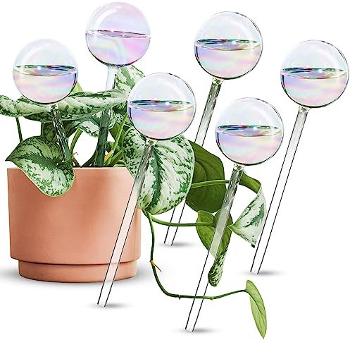 Tomorotec [6 Stück Licht schillernde Regenbogen-Farbverlauf, klares Glas, selbstbewässerndes System, Spikes, Automatische Pflanzenbewässerungsbirnen