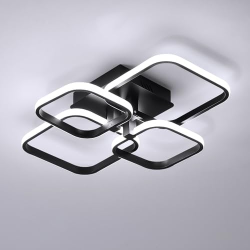 LED Ceiling Light, 60W Modern Ceiling Lights, 6500K Cool White Light, Black 4 Square Flush Mount LED Ceiling Lighting Fixtures Chandelier for Living Room, Bedrooms, Kitchen, Sitting Room, Office