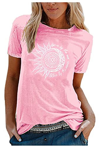 Damen Tshirt - Tops Damen Sommer Teenager Mädchen Lässig Sonne und Mond Tshirt Shirts T Shirt Mit Aufdruck Kurzarm T Schirt Oberteile Oversized Italienische Mode T-Shirt Pullover Damenshirts