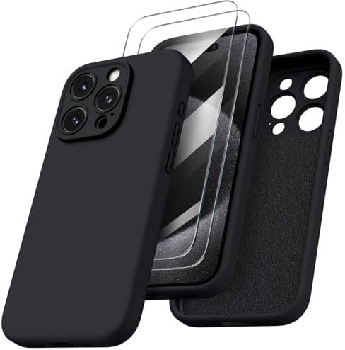 ORNARTO für iPhone 15 Pro Hülle mit Kameraschutz und 2 Schutzfolien, flüssiges Silikon Handyhülle iPhone 15 Pro 6.1 Zoll, stoßfeste iPhone 15 Pro Schutzhülle mit Mikrofaser - Schwarz