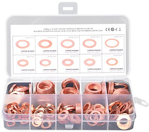ISTOVO 200pcs O Ring Kupfer Metrische Unterlegscheiben Sortiment Kit O Ring Kupfer Tablett Dichtscheibe 9 Größen M5 M6 M8 M10 M12 M14