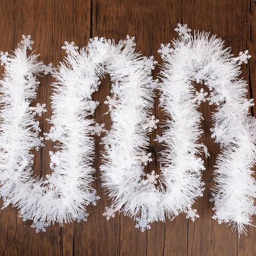 BHGT 6 Stück Weihnachten Girlande Weiß Weihnachtsgirlande 12M Schneeflocken Weihnachtsdeko Tannengirlande Deko für Weihnachtsbaum Kranz Tür Wand Kamin