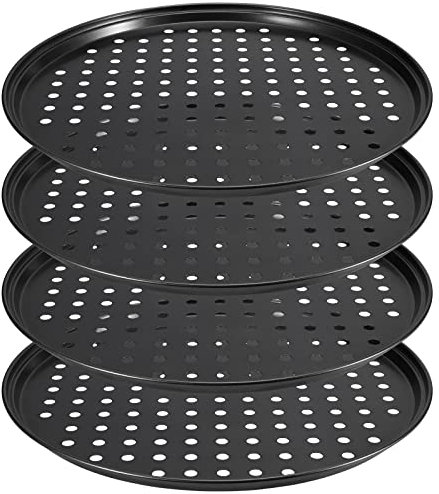 ZEONHEI Paquete de 4 bandejas redondas antiadherentes para pizza, bandeja de masa para horno, bandeja para hornear con agujeros, 26 cm x 1,5 cm, color negro