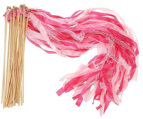 PATIKIL Schleife Sticks Feenstäbe 50 Pack Spitze Seide Feenstab Wand Versand Luftschlangen für Hochzeit Party Geburtstag Urlaub Feiern Fuchsie/Rosa