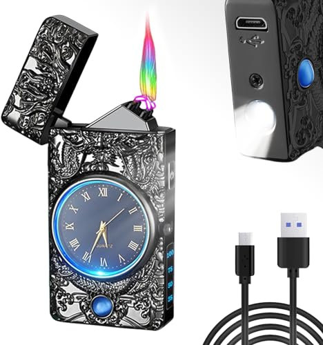 Sporgo Elektrisch Feuerzeug Plasma Feuerzeug: USB Aufladbar Lichtbogen Feuerzeug mit Uhr und LED-Beleuchtungsfunktion, Winddicht Sturmfeuerzeug mit LED Batterieanzeige Geschenke für Männe (Ohne Gas)