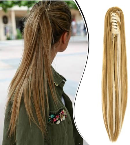 Dcbaboo Ponytail Extension Pferdeschwanz Haarteil Zopf Extension mit Klammer Gerade Lang Haarverlängerung Zopf Clip Synthetik Glatt Pferdeschwanz Haarextension, 50cm Dunkelblond & Bleichblond