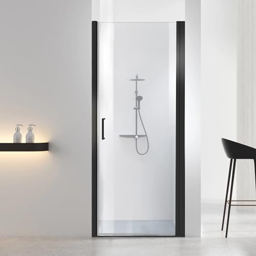 Porta della doccia del bagno, porta della doccia in vetro temperato senza cornice, 86-80 cm di larghezza x 182 cm di altezza, porta a battente singola per doccia tipo H, finitura nera opaca con