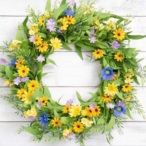 Perfnique Frühlings- und Sommerkränze für Haustür, Türkranz mit Gänseblümchen und Eukalyptusblättern, 61 cm, Seidenblumenkranz für Zuhause, Tür, Fenster, Bauernhaus-Kränze für Tür, Wanddekoration,
