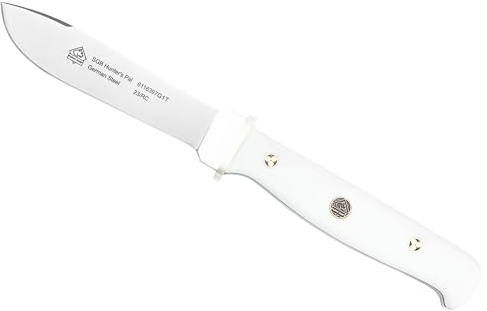 Puma SGB – Hunter's Pal - Feststehendes Jagdmesser - G10 Griffschalen Weiß - 100mm Klinge aus deutschem Stahl (1.4116, 55-57 HRC) - Messingknebel - Inkl. Lederscheide (Art.Nr.: 6116397G1T)