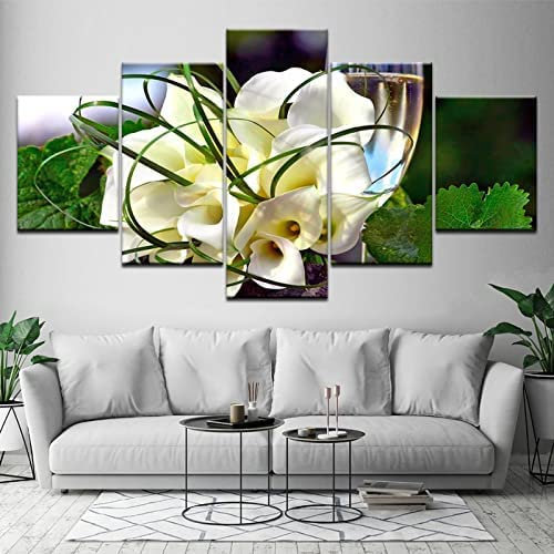 Kunstdrucke Gemälde 5 Teilig Leinwand Drucke,Wand Für Zuhause Malerei Wohnzimmer Wohnung Deko Modulare Bilder Calla-Lilie Poster Hd Gedruckt, (M/Ohne Rahmen 50 X 25 Cm) Schlafzimmer Büro H -7T1D-K7W5