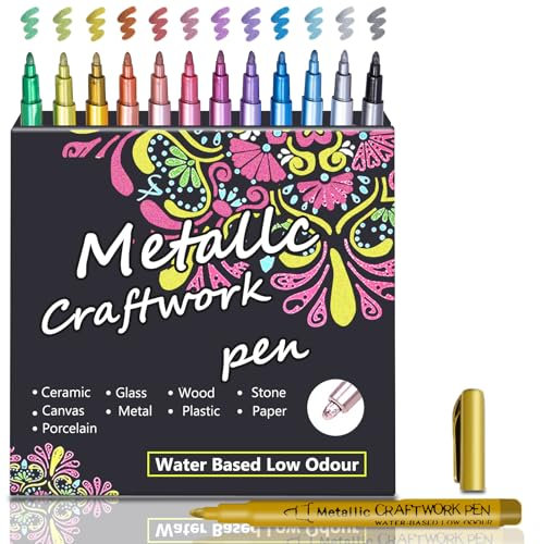 RiyaNed Metallic Stifte,12 Farben Marker Geeignet für Fotoalben, Gästebücher, Stein, Glas, Holz, Keramik, Weihnachten, Halloween, Osterbasteln, Maldekorationen.