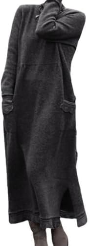 Women's Spring and Autumn Loose Solid Colour Knitted Long-Sleeved Long Elegant Commuter Sweater Casual Dresses Dark Grey