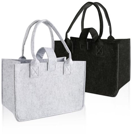 Trukafie 2 Stück Filztasche, Faltbar Filztaschen Shopper, 30 * 20 * 18 cm Filztaschen, Shopper Bag, Filztasche Shopper zur Einkaufen, Ausgehen, Aufbewahrung (Grau und Schwarz)