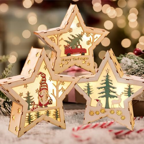 ZQEJEFD LED Deko Holz Stern, 3 Stück Stern Holz Beleuchtet, Weihnachten Ornamente, Deko Sternlampe mit Schalter, Weihnachtsbaum Schneemann Rentier Weihnachtsdekoration Geschenke für Innendekoration