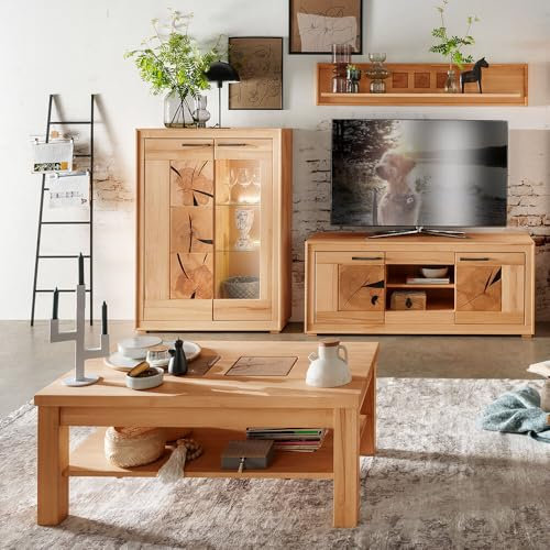 Lomadox Wohnmöbel Set Wohnwand Kernbuche massiv geölt montiert 4-teilig Modern, Highboard, Wandboard, Lowboard, Couchtisch