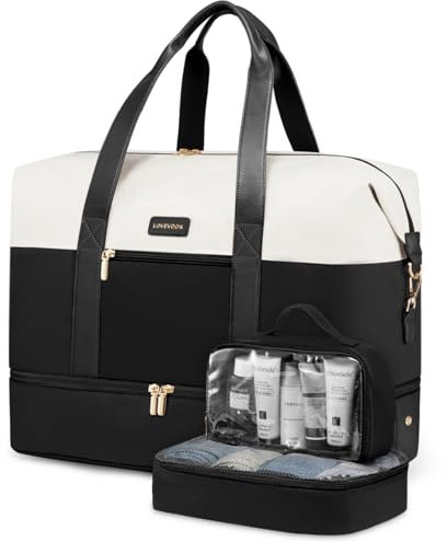 LOVEVOOK Reisetasche Weekender Damen Groß, Handgepäck Tasche Für Flugzeug, 56L Kliniktasche Geburt, Sporttasche Duffle Bag Travel Bag Krankenhaustasche mit Schuhfach Für Reisen Gym, Beige Schwarz