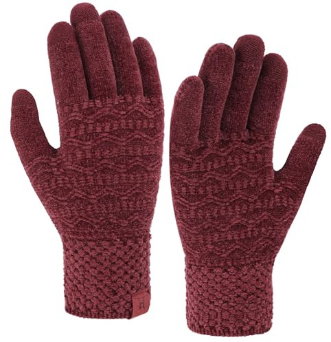 Bequemer Laden Touchscreen Handschuhe Damen Winter Warm Chenille Winterhandschuhe Strickhandschuhe mit Elastisch Manschette Frauen Geschenk, Weinrot