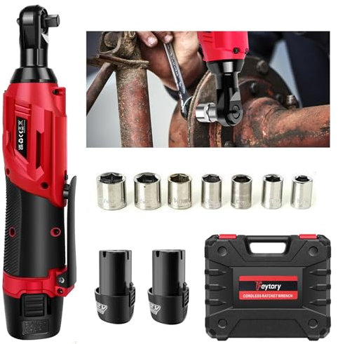 DayPlus Llave de carraca eléctrica de 12 V, 40 Nm, 2300 RPM con 2 baterías de iones de litio de 1,5 Ah y carga rápida, 7 enchufes, velocidad variable, color rojo