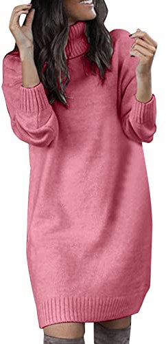 WILLBEST FaDC115 Maxi Dresses for Women UK - Pink Floral Linen Lace Sequin Turtle Neck Pullover Sweater - Plus Size Women's Vacation Beachgoers Fashion-Conscious Young Adults