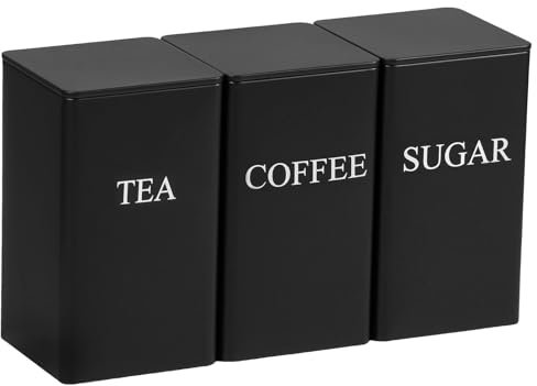 3 Pieces Metal Canister Storage,1000ML Tea Coffee Sugar Canisters Set, Food Jar Container Set with Airtight Bamboo Lid for Kitchen Home Dining Restaurant, Store Coffee Granules Teabags Sugar (Black)