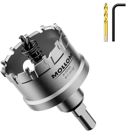 Mollom (50mm | 1-31/32'') Lochsäge T.C.T Schwerlast-Hartmetall-bestückt mit 2 Führungsbohrern für Edelstahl, Baustahl, Eisen, Kupfer, Messing, Kunststoff