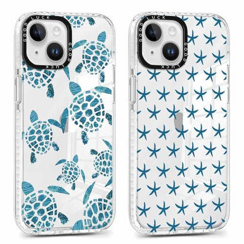 Foonary 2 Pack Clear Turtle Print Phone Case for iPhone 14/iPhone 13 6.1, Starfish Design Aesthetics Transparent Pattern Soft Silicone Cases,Shockproof Bumper Protector Girls Cover, for iPhone 14