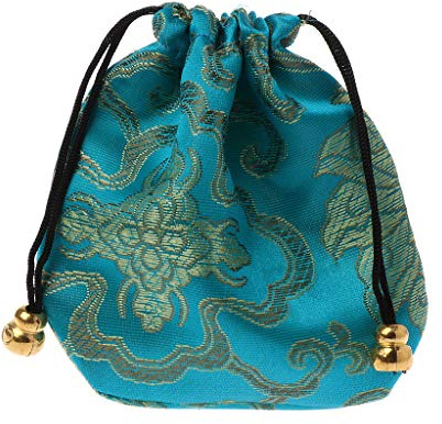HYROOY Traditionelle Seiden-Reise-Schmucktasche mit chinesischer Stickerei, Schmuckbeutel, Kordelzug, Seeblaues Tuch