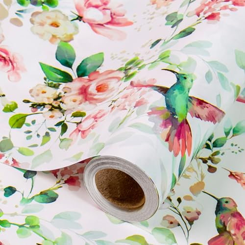 Wikadlik Romantisches Geschenkpapierrolle, rosa Blumen-Vögel-Design, Packpapier für Hochzeit, Valentinstag, Muttertag, Brautparty, 43 cm x 10 m