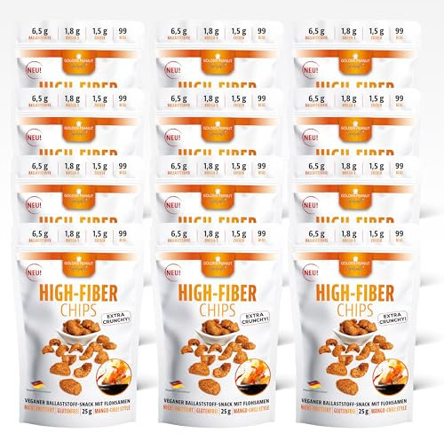 GOLDEN PEANUT Gourmet High-Fiber Chips Mango-Chili Style 12 x 25 g Bolsas de fibra saciante Snack Omega-3, Vegano y sin gluten