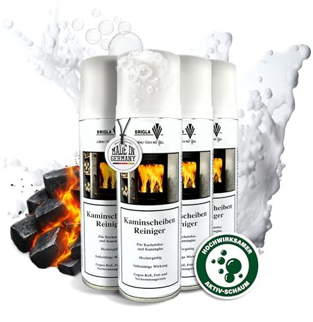 Brigla Premium Kaminscheibenreiniger Aktiv-Schaum Spray 4x300ml Set Extra Stark – Kaminreiniger gegen hartnäckigsten Ruß/Schmutz an Ofenscheiben – Ofenglasreiniger/Ofenreiniger Glas Made in Germany