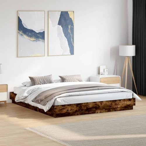 KTHLBRH Bettgestell Familienbett Doppelbett Schlafzimmer möbel Bettgestell mit LED Räuchereiche 180x200 cm