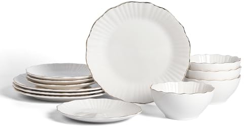 Christian Siriano Zinnia Porcelain Dinnerware Set, 12-Piece Plates and Bowls Set, White and Gold Dish Set for 4, Scalloped Edge, Hand Wash Only