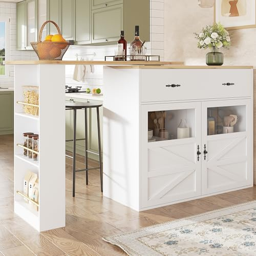 Kebnor Ausziehbarer Bartisch mit Stauraum, 360° drehbare Essbar,Moderner Beweglicher Bar Table,Hochtisch Kücheninsel Bistro Table, Sideboardschrank mit Regalen, (138-204×39×104cm) (weiß)