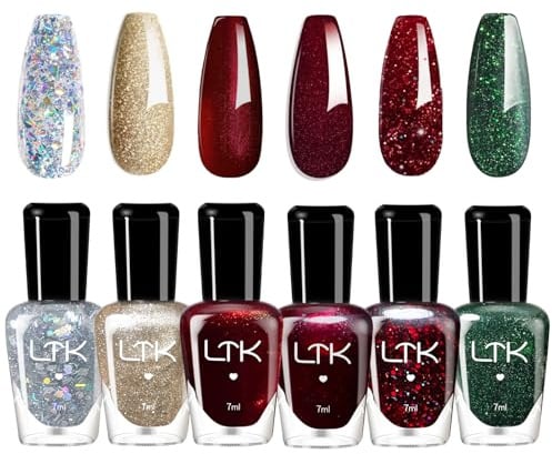 Christmas Nail Polish Set - 6pcs Sparkle Glitter Nail Polish - Air Quick Dry Nail Varnish - Silver Gold Green Red Glitter Nail Varnish - Shimmer Nail Polishes Kit For Women Girls Gift