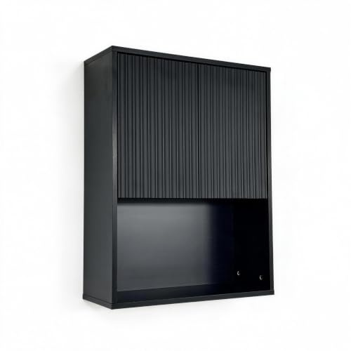 NewBeth Armoire Salle de Bain Suspendue à 3 Étagère, 60x22.5x73cm, Noir | Meuble Salle de Bain avec 2 Portes, Meuble Haut Toilette WC Rangement en Bois Étanche pour WC Buanderie Cuisine