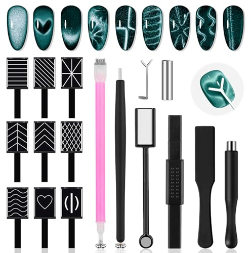 17PCS Valentine's Cat Eye Nail Magnet Set, TOROKOM Multi-Pattern Nail Design for Cat Eye Gel Polish, Magnet Tools Set with Heart Y Square Round Shaped for DIY and Salon