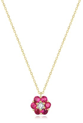 Ayoiow Goldkette 585 Damen Echt Gold Klassische Blume mit rundem Rubin (0,41 ct) und Diamant (0,06 ct)., Gold Kette 585 Damen für Freundin | 14K Gelbgold | Trendiger Modeschmuck für Muttertag