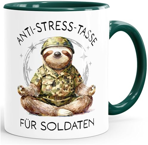 SpecialMe® Kaffee-Tasse Faultier Design Geschenkidee Soldaten Anti Stress Bürotasse Spruch Lustig Arbeit Job Berufe Weiss-innen-gruen standard