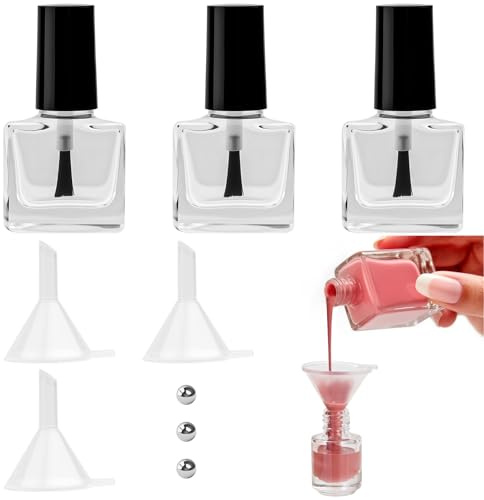 Pretwad 3 leere Nagellackflaschen à 5 ml mit Pinsel/Trichter, leere Nagellackflaschen aus Glas (mit Mischkugeln) oder Behälter zur Aufbewahrung von flüssigem Nagellack