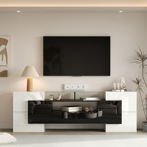 Ktipm Mueble TV de Alto Brillo de hasta 80 Pulgadas, Muebles de Salon Muebles TV con Iluminación LED y Estante de Vidrio, Mueble para TV Moderno con 6 Puertas y 2 Cajones, 200x35x60 cm, Negro+Blanco