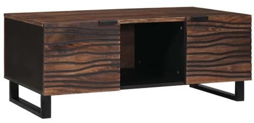 Foknhdi Couchtisch 100 x 54 x 40 cm Akazie Holz Braun Schwarz mit 3 Staufächern Massiv Modernes Design Robust für Living Room Schlafzimmer Flur