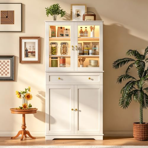 Wumagin Meuble Cuisine Éclairage LED RGB 7 Couleurs Dynamiques Télécommande, Buffet Haut Étagères Réglables Poignées Métal, Vitrine 6 Niveaux Rangement, Salon Salle à Manger, 40x80x180cm, Blanc