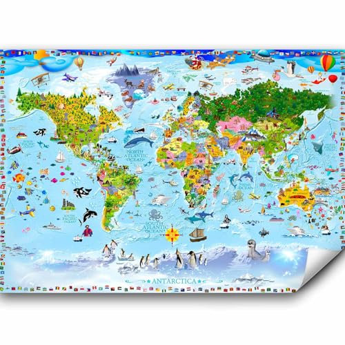 murando - Papier peint panoramique chambre d'enfant 300x210 cm - Pour les enfants drapeaux colorés continents cartes plantes monde animaux enfant d'âge préscolaire e-A-0102-a-a