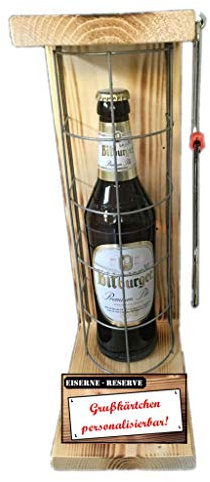 Personalisierte Geschenke für Männer Frauen Geschenkidee - Eiserne Reserve Gitter Text rot Bitburger Pils Bier (1 x 0.5 l) incl. Notsäge - Papa Mama Geburtstag Hochzeit