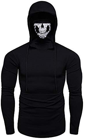 Xmiral Mens Pullover Gesichtsschal Skull Pure Color Langarm-Kapuzenpulli Tops zum Karneval(L,A-Schwarz)