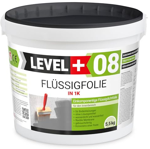 Level + 08 Flüssigfolie für Bad, Dusche & Küche – Dichtfolie unter Fliesen | auf Beton, Putz & Estrich – Wasserdichte Verbundabdichtung für Innenräume – Gebrauchsfertig und Elastisch – 5,5 kg