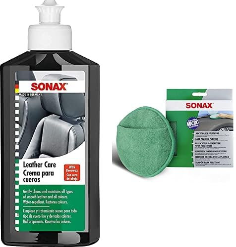 SONAX 291141 Leder-Pflege-Lotion, 250 ml & MicrofaserPflegePad (1 Stück) für gleichmäßiges Auftragen von Kunststoffpflegemitteln im Innenraum und EIN gründliches Ergebnis | Art-Nr. 04172000