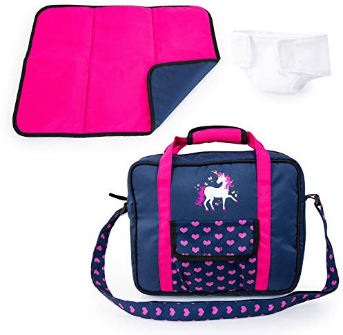 Bayer Design 69254AC Puppenzubehör, Puppenpflege Set, Wickelset für Puppen, Zubehör für Babypuppen mit Wickeltasche, Wickelunterlage, genähte Windel, blau, pink mit Einhorn u. Herzen