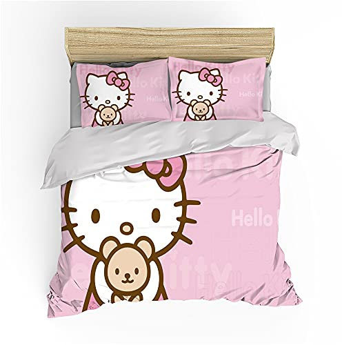 NICHIYOBI Hellokitty Bettbezug Bettwäsche Set - Bettbezug und Kissenbezug,Mikrofaser,3D Digital Print dreiteiliger Bettwäsche (8,135x200cm+ 80x80cmx2)